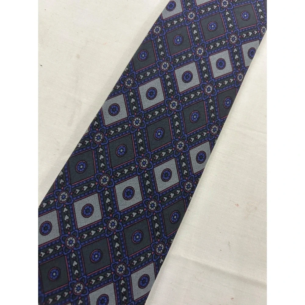 BALLY Silk Mens Blue  Skinny Tie Geometric Pattern Imported 58